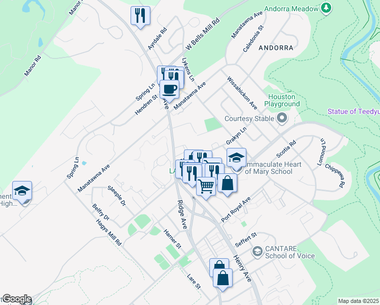map of restaurants, bars, coffee shops, grocery stores, and more near 712 Grakyn Lane in Philadelphia