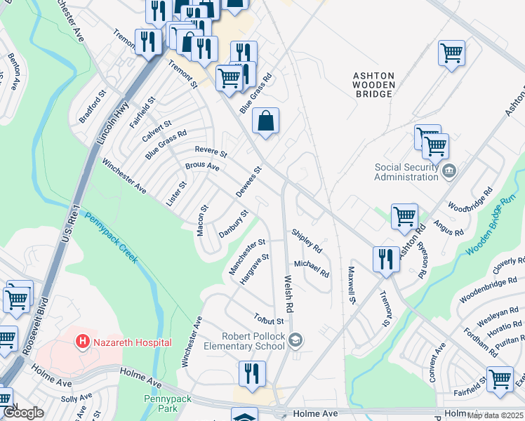 map of restaurants, bars, coffee shops, grocery stores, and more near 8901 Maxwell Place in Philadelphia