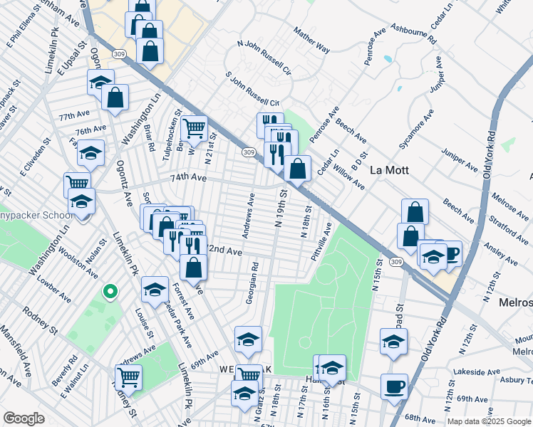 map of restaurants, bars, coffee shops, grocery stores, and more near 1928 Ashley St in Philadelphia