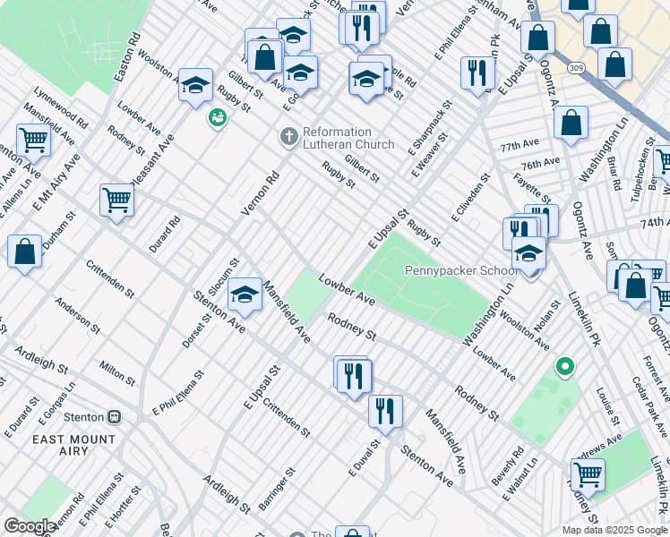 map of restaurants, bars, coffee shops, grocery stores, and more near 1114 East Sharpnack Street in Philadelphia