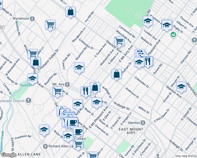 map of restaurants, bars, coffee shops, grocery stores, and more near 408 East Allens Lane in Philadelphia