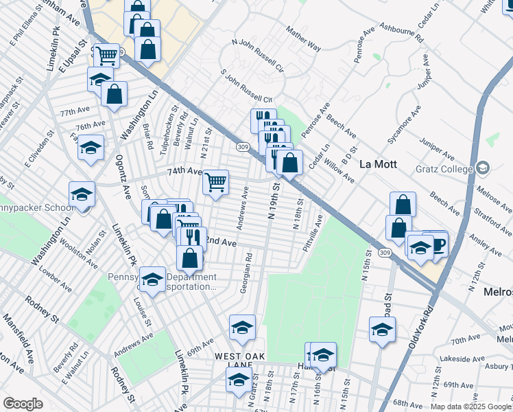 map of restaurants, bars, coffee shops, grocery stores, and more near 1924 Ashley Road in Philadelphia