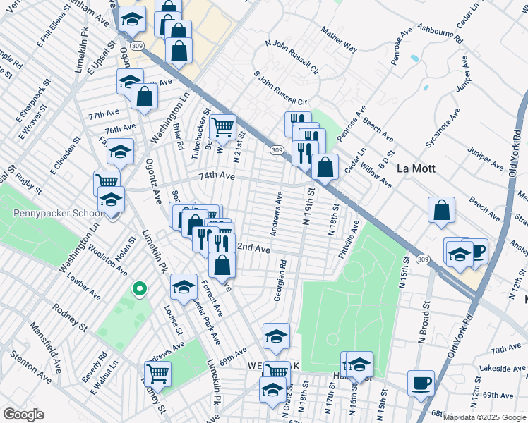 map of restaurants, bars, coffee shops, grocery stores, and more near 1975 73rd Avenue in Philadelphia