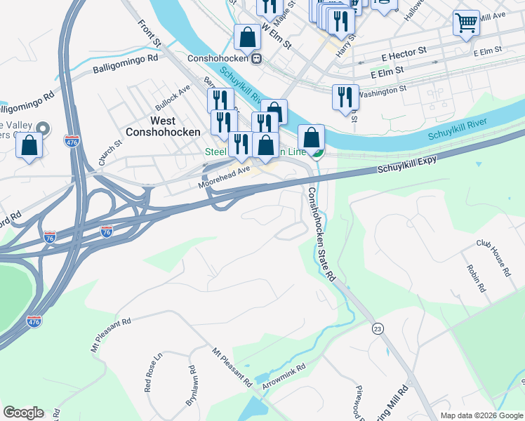 map of restaurants, bars, coffee shops, grocery stores, and more near 1100 Riverview Lane in Conshohocken