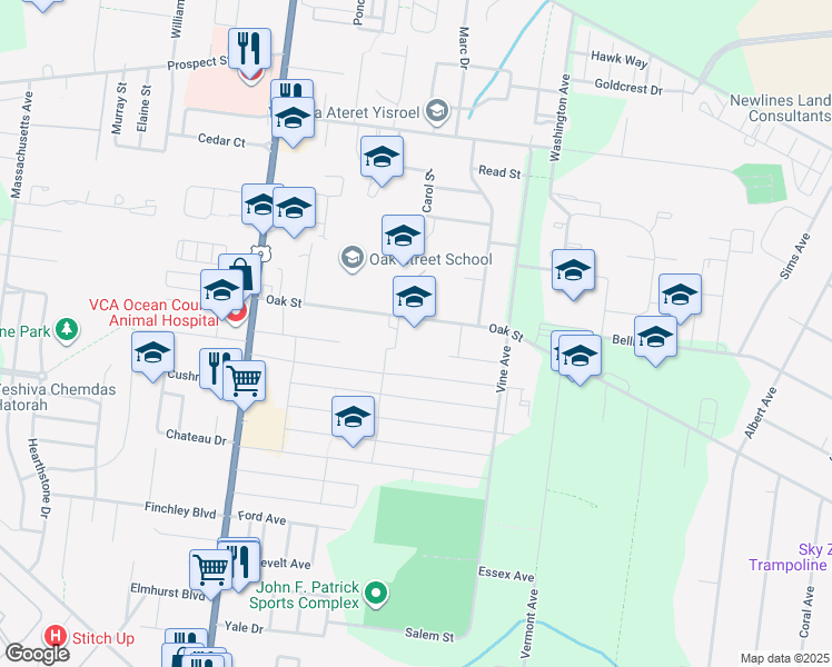 map of restaurants, bars, coffee shops, grocery stores, and more near 82 Oak Street in Lakewood