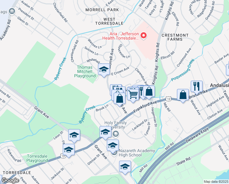 map of restaurants, bars, coffee shops, grocery stores, and more near 9904 Crestmont Avenue in Philadelphia
