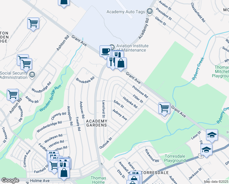 map of restaurants, bars, coffee shops, grocery stores, and more near 9425 Kirkwood Road in Philadelphia