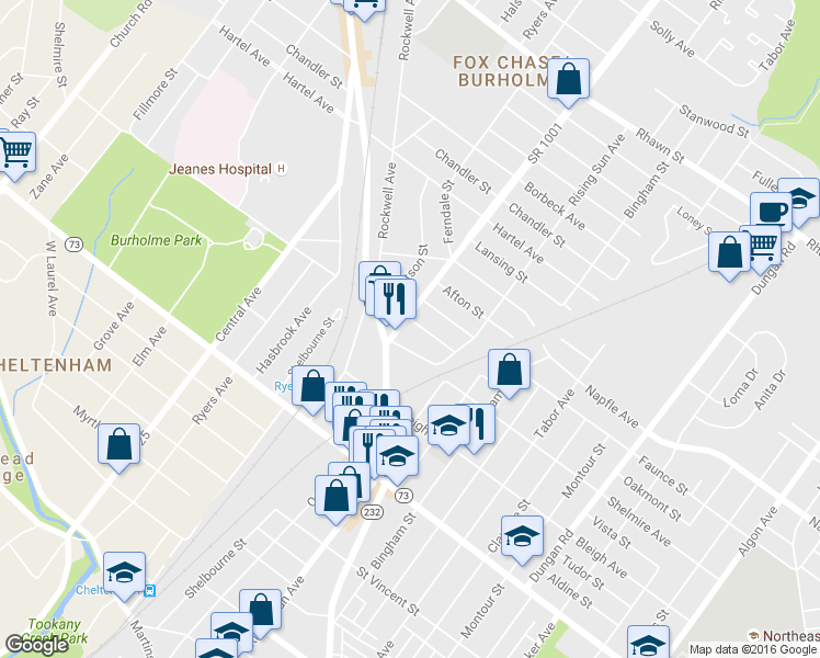 map of restaurants, bars, coffee shops, grocery stores, and more near 7517 Verree Road in Philadelphia