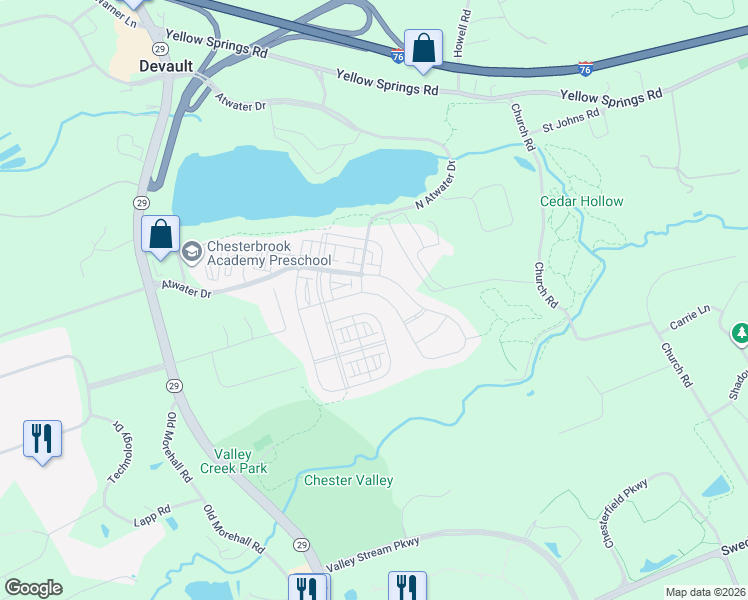 map of restaurants, bars, coffee shops, grocery stores, and more near 610 Stonecliffe Road in Malvern