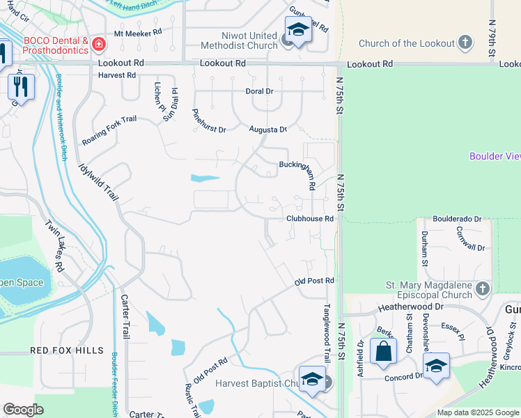 map of restaurants, bars, coffee shops, grocery stores, and more near 5049 Coventry Court in Boulder