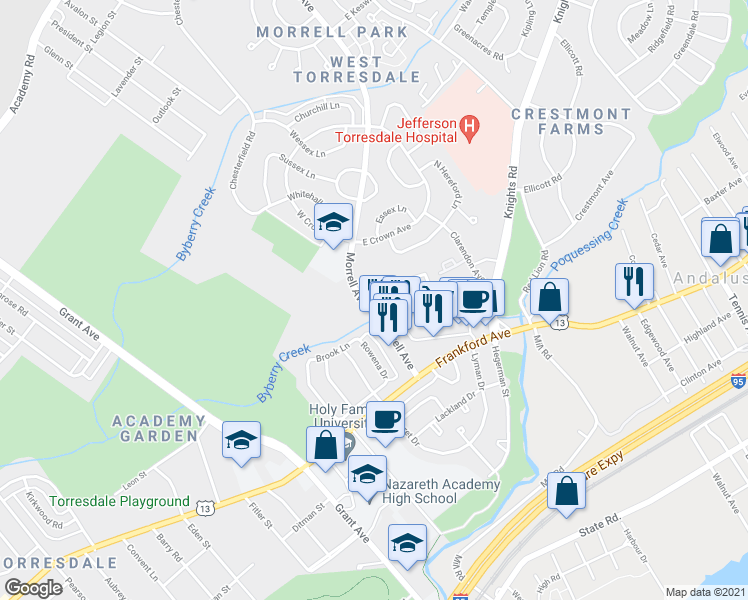 map of restaurants, bars, coffee shops, grocery stores, and more near 9904 Crestmont Avenue in Philadelphia