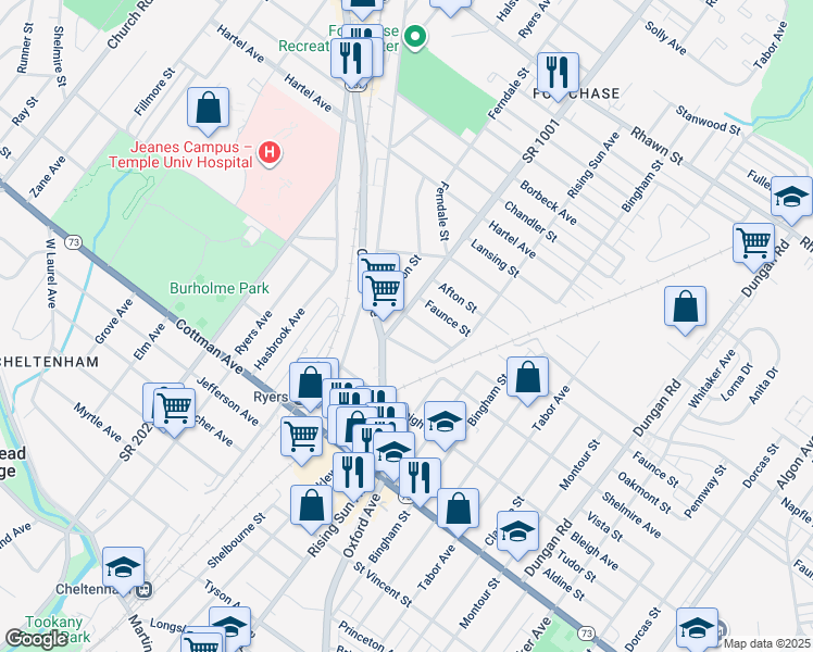 map of restaurants, bars, coffee shops, grocery stores, and more near 7517 Verree Road in Philadelphia