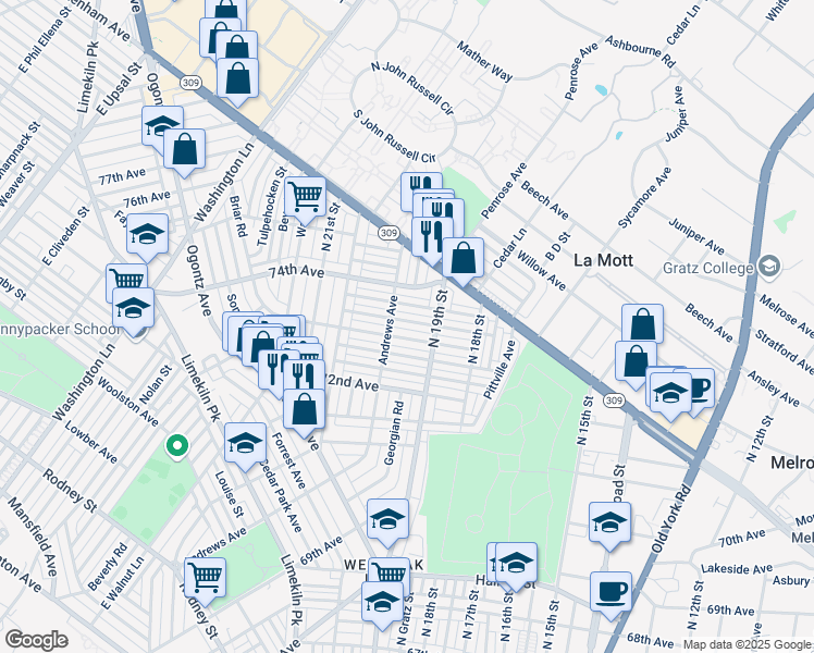 map of restaurants, bars, coffee shops, grocery stores, and more near 1940 Penfield Street in Philadelphia