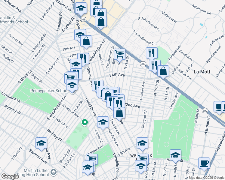 map of restaurants, bars, coffee shops, grocery stores, and more near 7203 Briar Road in Philadelphia