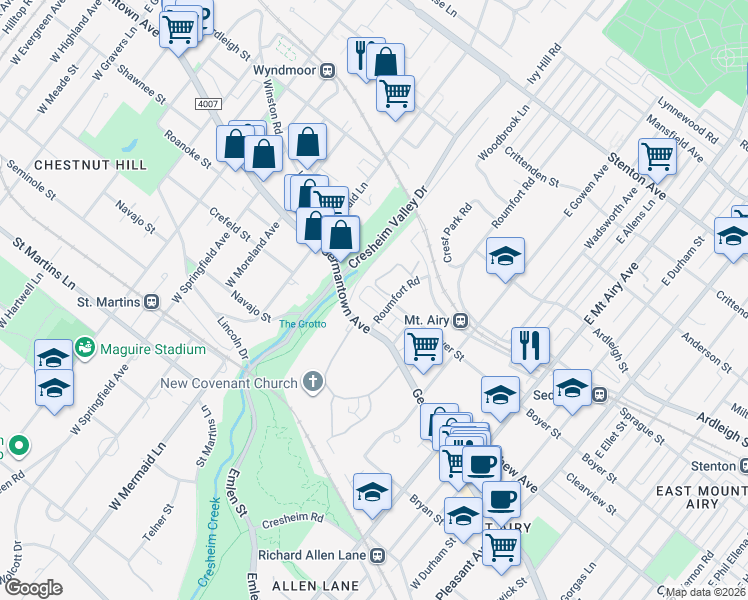 map of restaurants, bars, coffee shops, grocery stores, and more near 7627 Germantown Avenue in Philadelphia