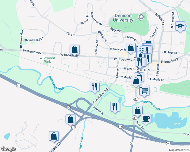 map of restaurants, bars, coffee shops, grocery stores, and more near 438 West Maple Street in Granville