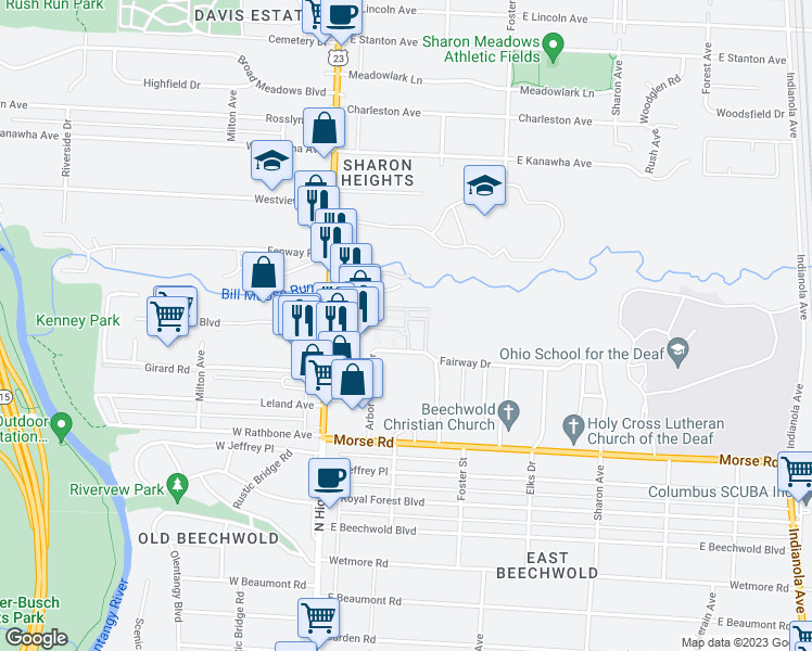 map of restaurants, bars, coffee shops, grocery stores, and more near 5140 North High Street in Columbus