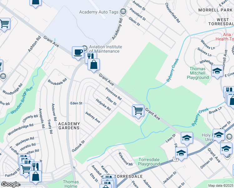 map of restaurants, bars, coffee shops, grocery stores, and more near 3513 Primrose Road in Philadelphia