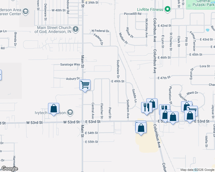 map of restaurants, bars, coffee shops, grocery stores, and more near 4905 Pearl Street in Anderson