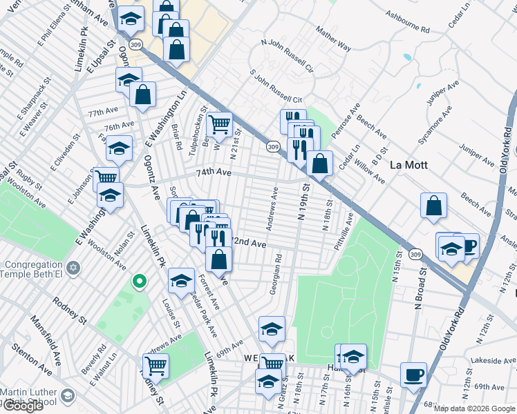 map of restaurants, bars, coffee shops, grocery stores, and more near 1983 Ashley Road in Philadelphia