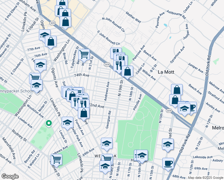 map of restaurants, bars, coffee shops, grocery stores, and more near 1928 Ashley St in Philadelphia