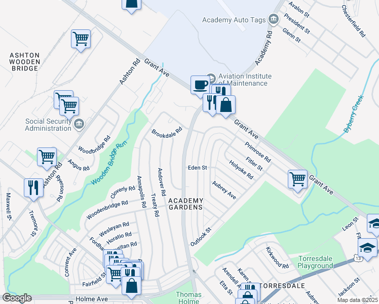 map of restaurants, bars, coffee shops, grocery stores, and more near 9411 Academy Road in Philadelphia