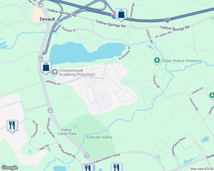 map of restaurants, bars, coffee shops, grocery stores, and more near 831 Stonecliffe Road in Malvern