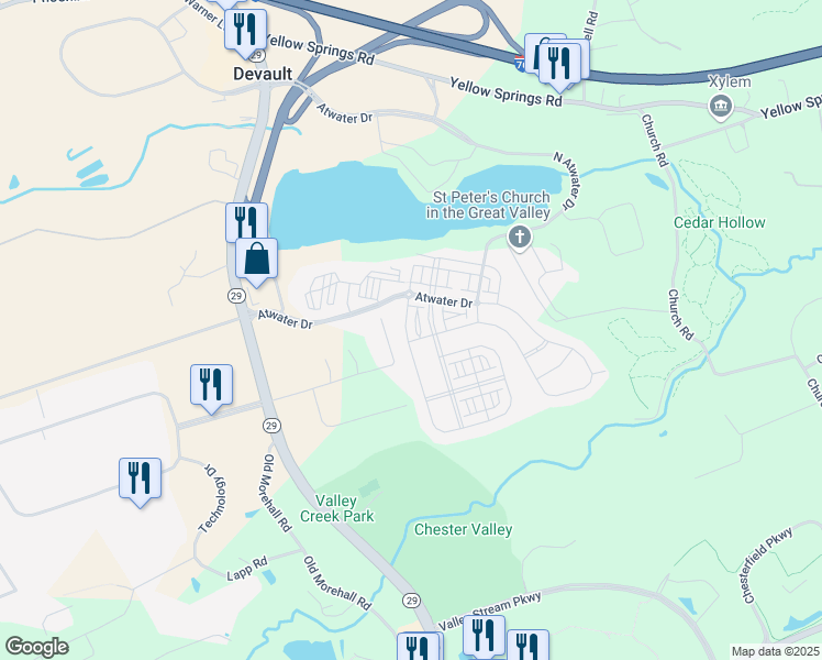 map of restaurants, bars, coffee shops, grocery stores, and more near 221 Quarry Point Road in Malvern