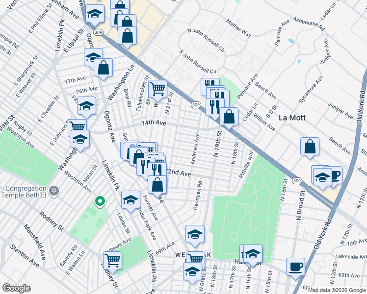 map of restaurants, bars, coffee shops, grocery stores, and more near 1983 Ashley Road in Philadelphia
