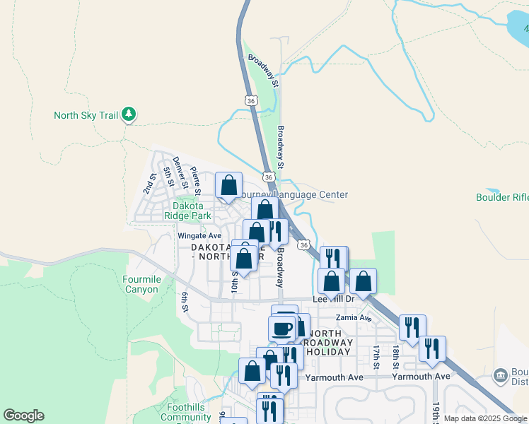 map of restaurants, bars, coffee shops, grocery stores, and more near 1077 Laramie Boulevard in Boulder