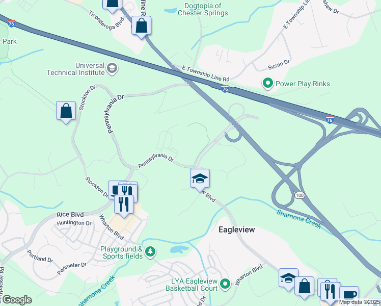 map of restaurants, bars, coffee shops, grocery stores, and more near 605 Pennsylvania Drive in Exton