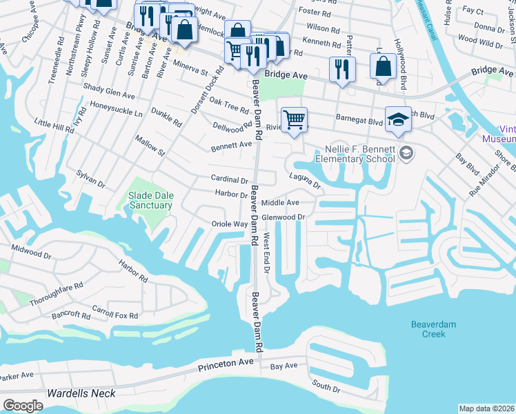 map of restaurants, bars, coffee shops, grocery stores, and more near 2233 Laurel Drive in Point Pleasant