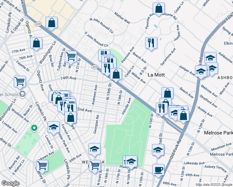 map of restaurants, bars, coffee shops, grocery stores, and more near 1841 Ashley St in Philadelphia
