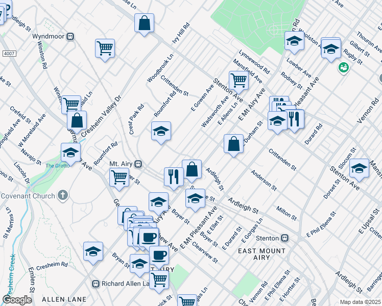 map of restaurants, bars, coffee shops, grocery stores, and more near 403 East Allens Lane in Philadelphia
