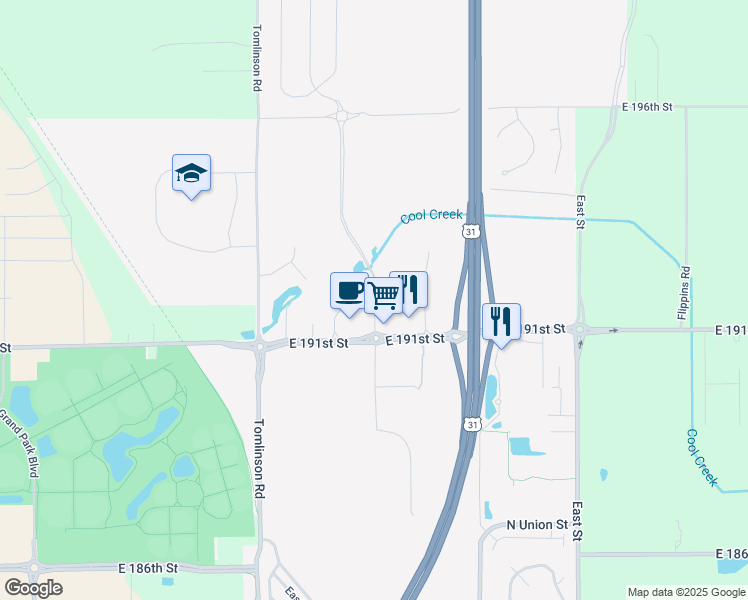 map of restaurants, bars, coffee shops, grocery stores, and more near 19530 Chad Hittle Drive in Westfield