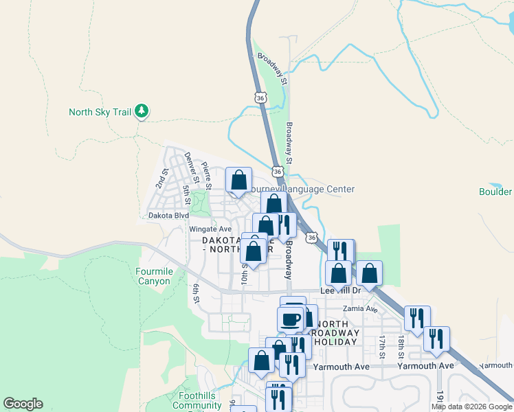 map of restaurants, bars, coffee shops, grocery stores, and more near 1095 North Terrace Circle in Boulder
