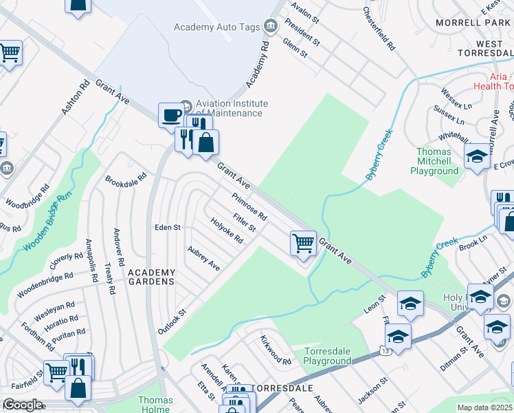 map of restaurants, bars, coffee shops, grocery stores, and more near 3513 Primrose Road in Philadelphia