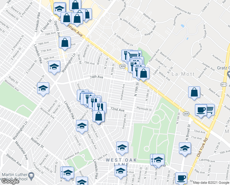 map of restaurants, bars, coffee shops, grocery stores, and more near 1985 73rd Avenue in Philadelphia