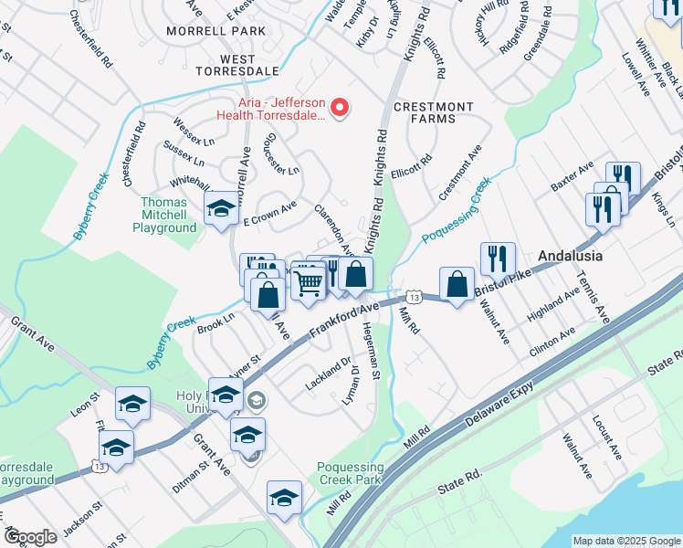 map of restaurants, bars, coffee shops, grocery stores, and more near 9977 Crestmont Avenue in Philadelphia