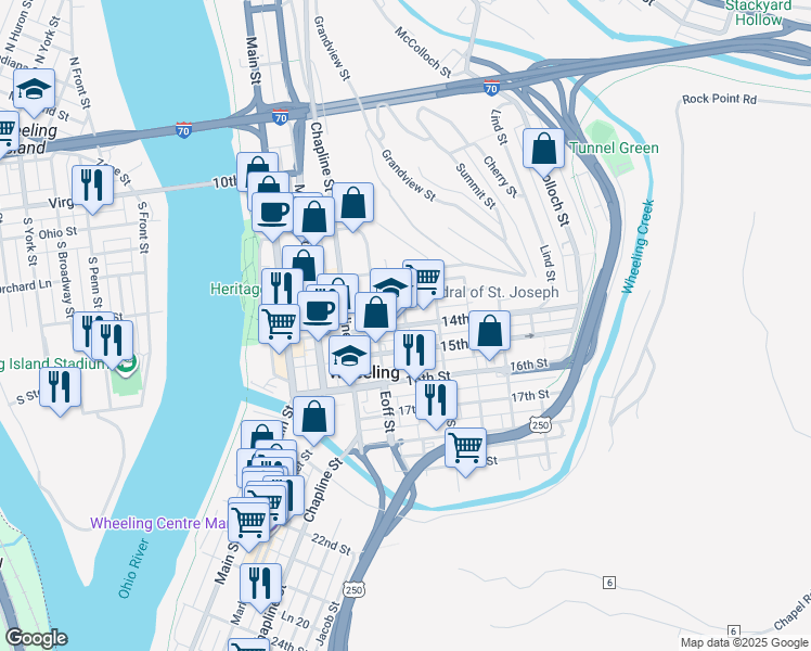 map of restaurants, bars, coffee shops, grocery stores, and more near 1300 Eoff Street in Wheeling