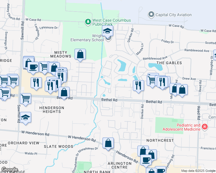 map of restaurants, bars, coffee shops, grocery stores, and more near 5437 Coachman Road in Columbus