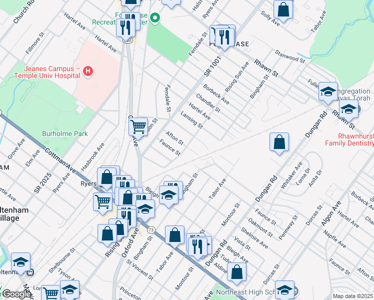 map of restaurants, bars, coffee shops, grocery stores, and more near 7605 Rising Sun Avenue in Philadelphia