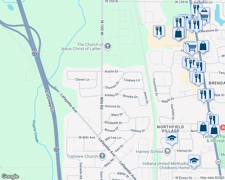 map of restaurants, bars, coffee shops, grocery stores, and more near 1429 Thomas Drive in Lebanon