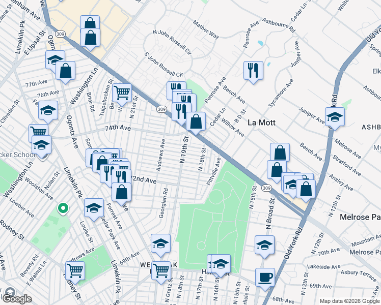 map of restaurants, bars, coffee shops, grocery stores, and more near 7334 North 19th Street in Philadelphia