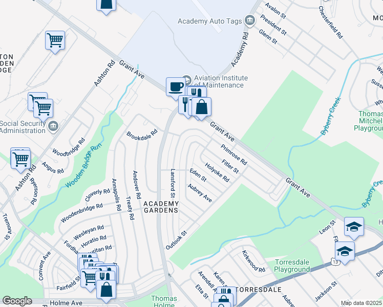 map of restaurants, bars, coffee shops, grocery stores, and more near 9425 Kirkwood Road in Philadelphia