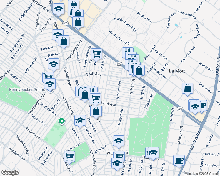 map of restaurants, bars, coffee shops, grocery stores, and more near 1995 73rd Avenue in Philadelphia