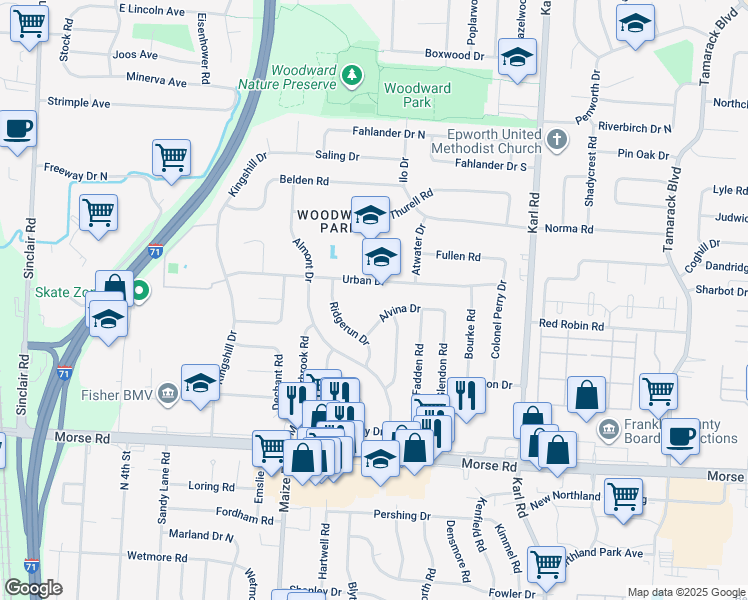 map of restaurants, bars, coffee shops, grocery stores, and more near 1321 Urban Drive in Columbus