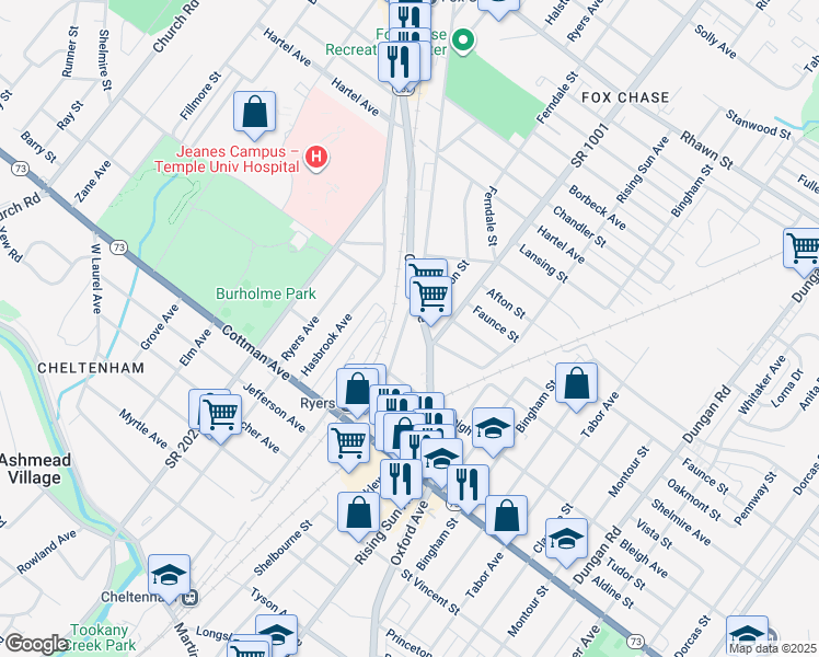 map of restaurants, bars, coffee shops, grocery stores, and more near 7443 Rockwell Avenue in Philadelphia