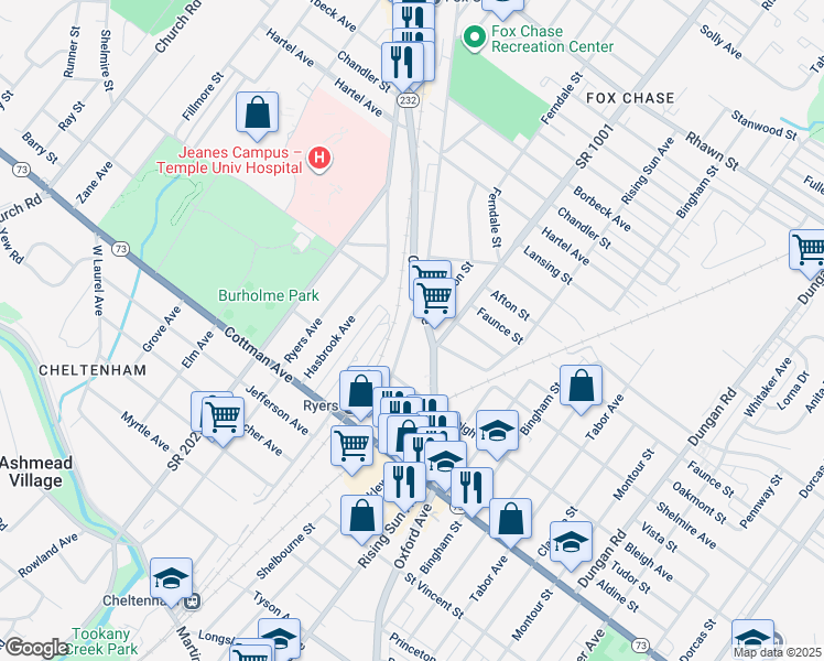 map of restaurants, bars, coffee shops, grocery stores, and more near 7443 Rockwell Avenue in Philadelphia
