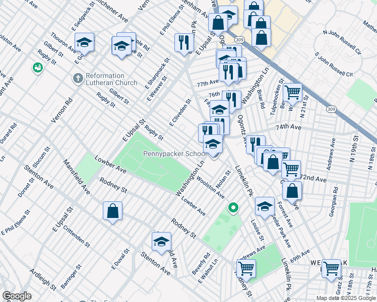 map of restaurants, bars, coffee shops, grocery stores, and more near 7438 Gilbert Street in Philadelphia